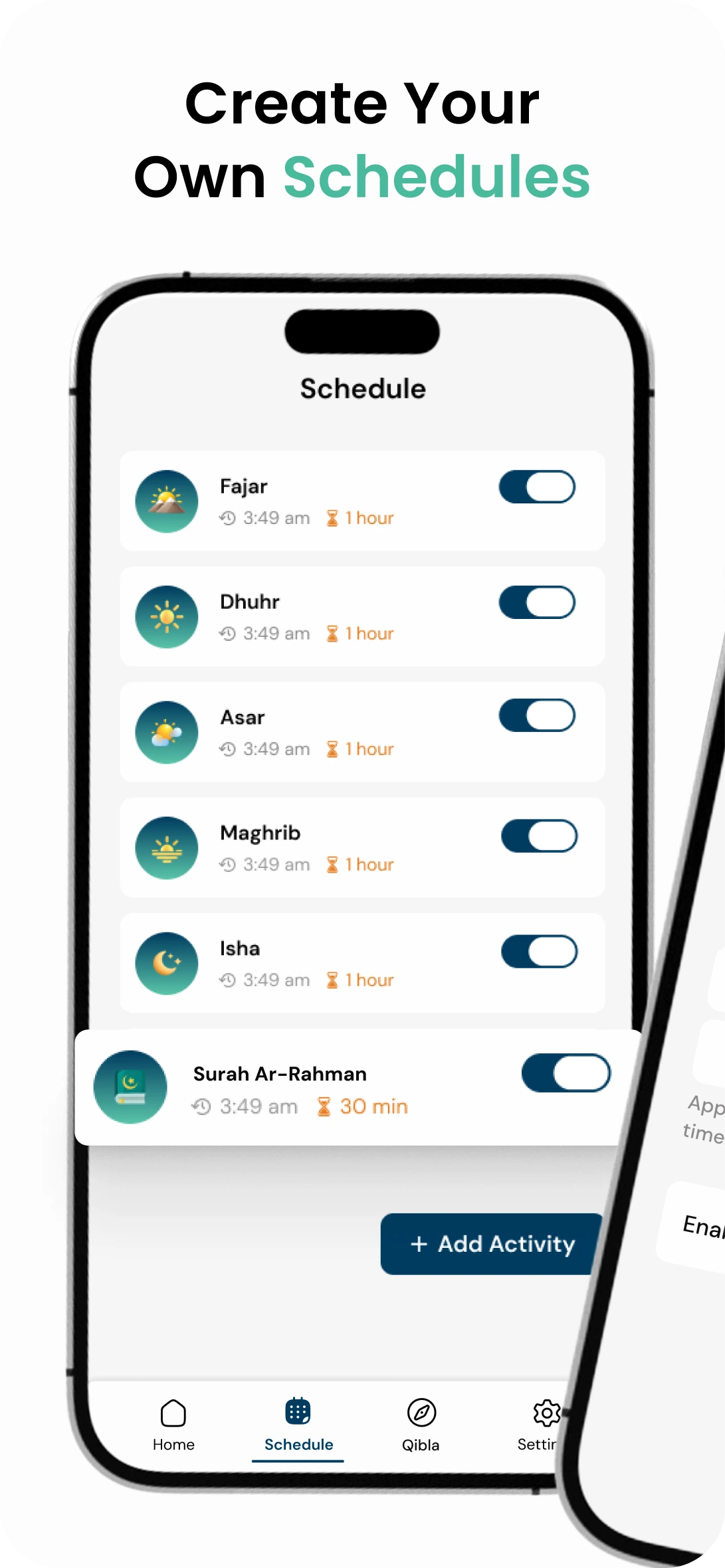 FiveSalah custom prayer schedules with per-prayer toggles