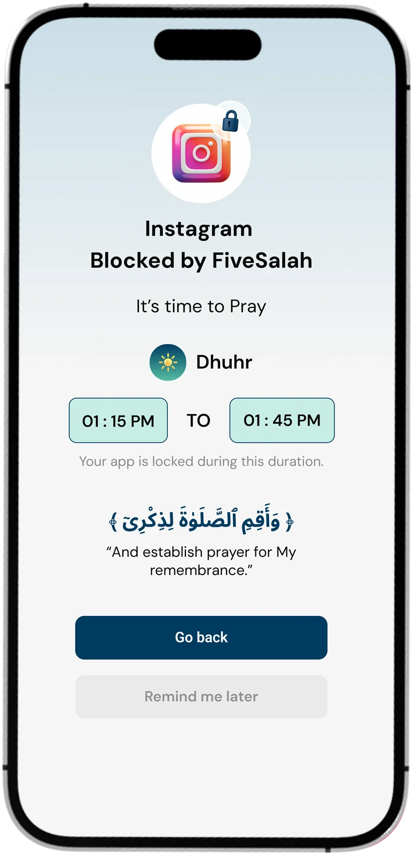 Instagram blocked by FiveSalah during Dhuhr prayer time — “It’s time to Pray”